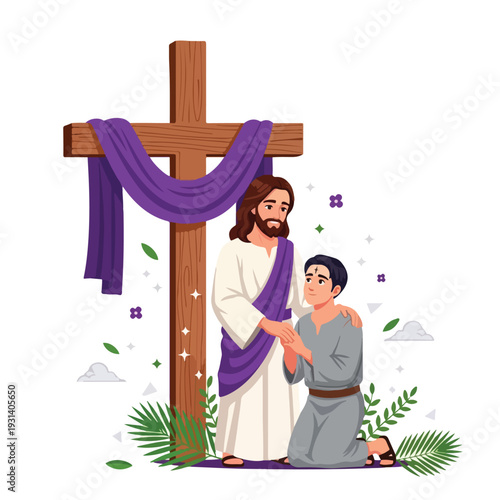 Jesus christ comforting a repentant man during lent near the cross.