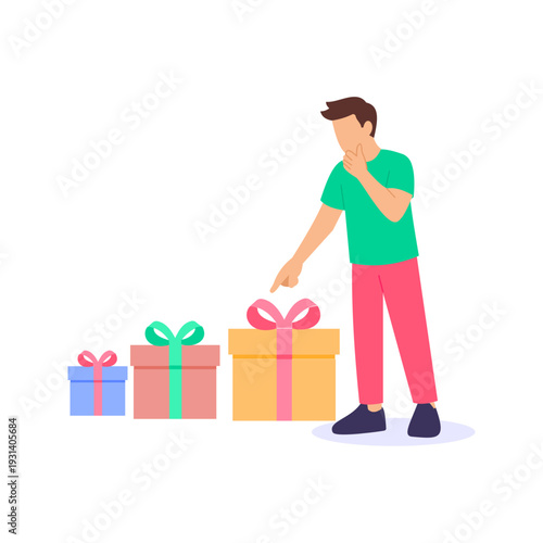 Choosing Gift Box, selecting perfect packaging for present, Flat vector character illustration