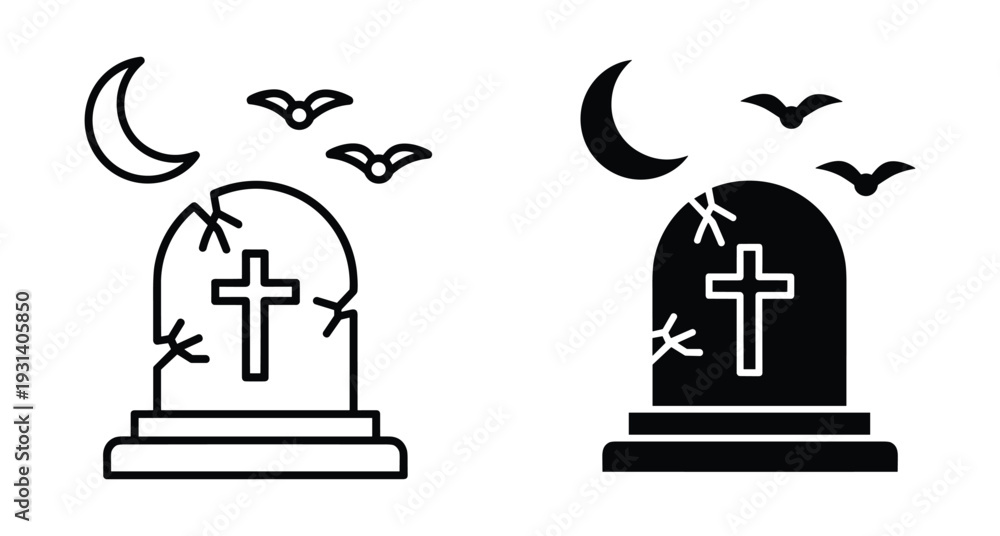 Obraz premium Halloween tombstone icon set featuring cracked grave stone with cross crescent moon and flying bats in outline and solid black style