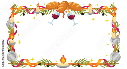 Festive frame with bread, wine, candles, and olive branches.
