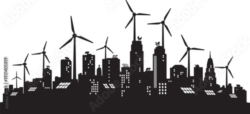 City skyline with wind turbines and solar panels illustration