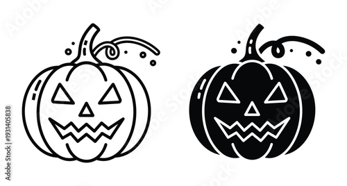 Halloween jack o lantern pumpkin icons set with spooky carved faces in outline and solid black silhouette styles for Halloween pumpkin