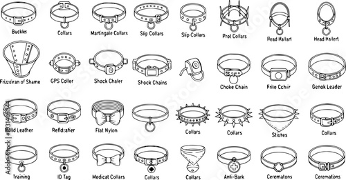 Line Art Illustration Set: Various Dog Collar Types - Buckle, Martingale, Slip, Shock, Spiked, Bandana, Training, and Medical Collars. Pet Accessory Collection.