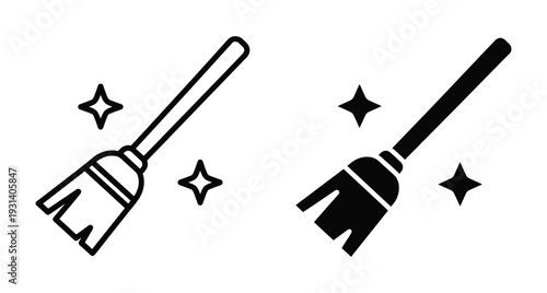 broom icon set cleaning tool symbol magic wand sparkle sweep dust housework domestic service equipment outline solid black white graphic element