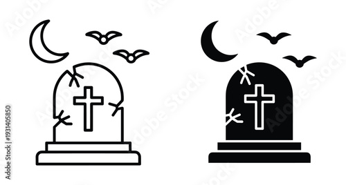 Halloween tombstone icon set featuring cracked grave stone with cross crescent moon and flying bats in outline and solid black style