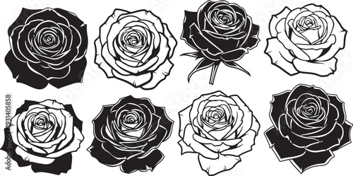 Black and white roses illustrations in various styles combined