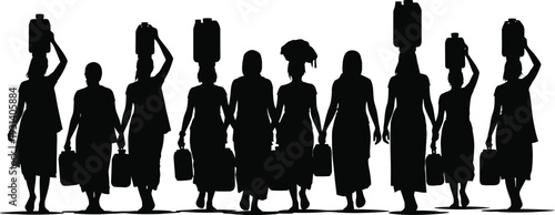 Silhouettes of African women carrying water and goods vector isolated PNG with Transparent Background