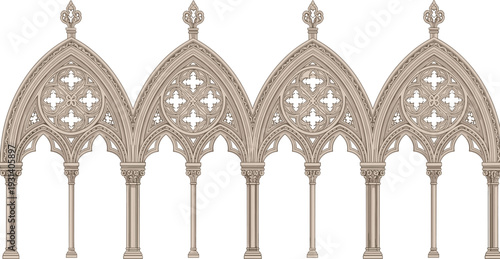 Black and white stylized architectural illustration set of Gothic arches with pointed tops, ornate tracery, quatrefoil and trefoil patterns, perfect for historical, artistic, and design purposes
