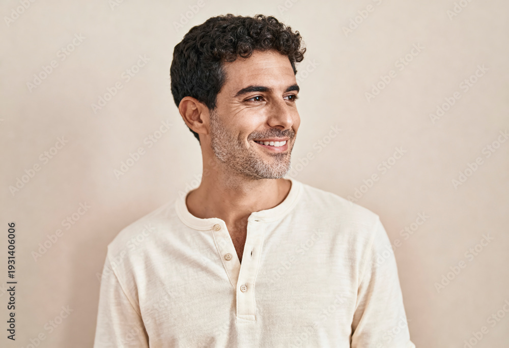 Obraz premium Stylish hispanic male in his 30s with short curly hair - fashion and confidence concept for modern lifestyle designs