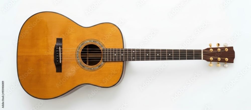 Obraz premium Strumming melodies acoustic guitar showcase home studio high-resolution image minimalist background direct angle musical artistry and craftsmanship