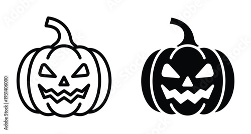 Halloween pumpkin jack o lantern icons set with spooky carved faces in outline and solid black styles for autumn holiday pumpkin