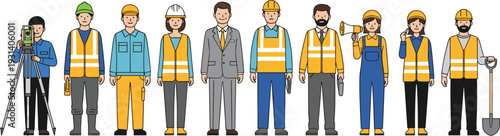 Construction professionals illustration, engineering roles, teamwork, occupational diversity, safety, management, leadership, career, success, workplace, colleagues, tools, equipment, surveyor,