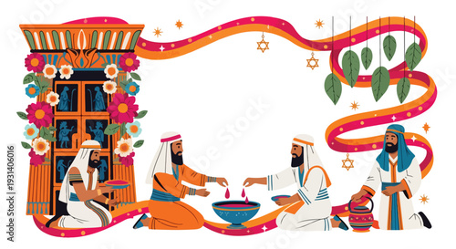 Vibrant illustration of an ancient religious ritual with men.