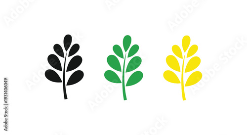 Simple stylized branch icon set showing black, green, and yellow variations for natural design elements