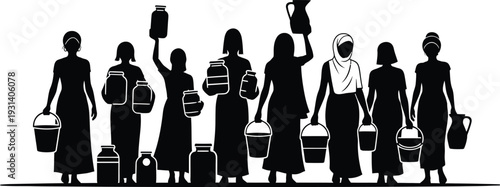 Silhouettes of Women Carrying Water and Containers Vector isolated PNG with Transparent Background