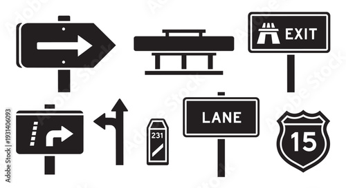 Collection of road signs for navigation and direction