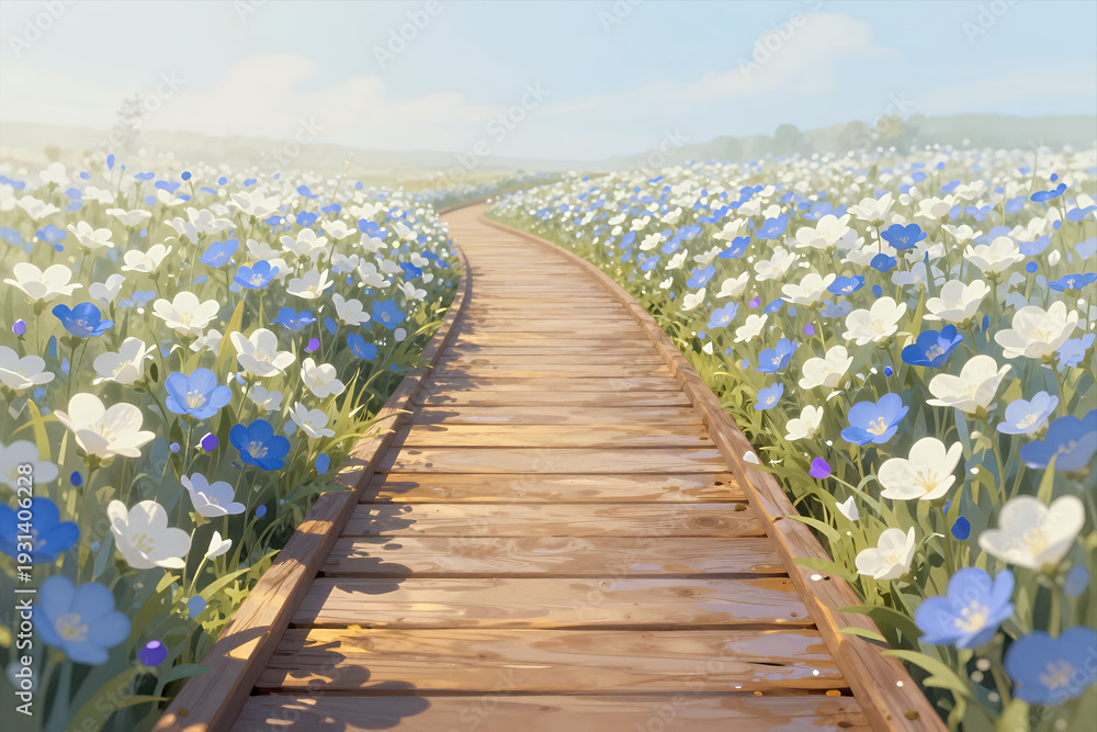Fototapeta premium Serene Wooden Pathway Winding Through Vibrant Blue and White Flower Field under Soft Sunlight with Gentle Hills in Background