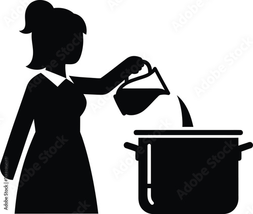 Woman pouring liquid from measuring cup into cooking pot vector icon isolated PNG with Transparent Background