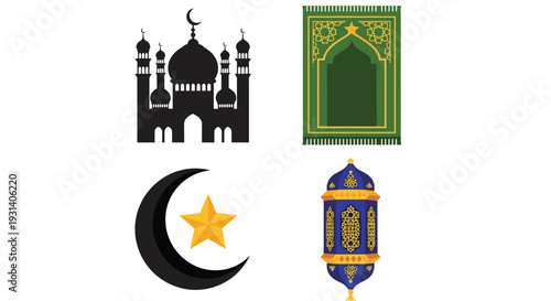 Set vektor rata dari unsur-unsur perayaan perayaan lebaran ramadhan mubarak mulai dikoleksi