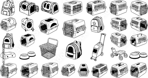 Hand-drawn Pet Travel Carriers, Backpacks, Strollers, and Bowls Collection - Vector Sketch Illustration of Animal Transport Supplies