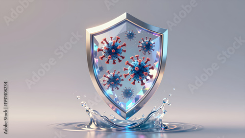 Shield Protecting Against Virus Particles with Water Splash Effect 3d Render for Cybersecurity Health and Safety Concepts