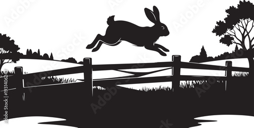 Rabbit jumping over a wooden fence in a field