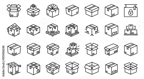 Collection of isometric line art vector icons representing various shipping and delivery package box configurations