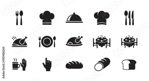 Black icons of food and dining utensils on white background