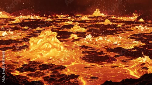 Fiery volcanic eruption with molten lava spewing and bubbling in a dramatic and intense geological event.