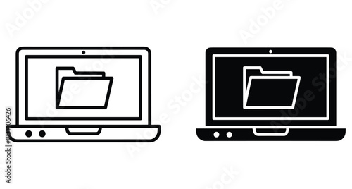 Laptop computer icon set with folder on screen representing digital file management data storage organization system software interface web design elements