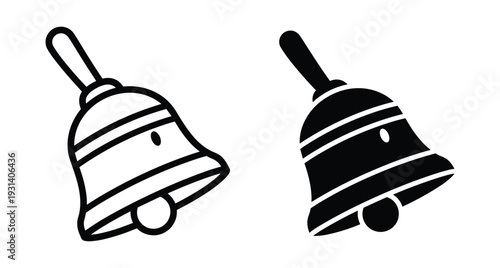 Hand bell icon set featuring outline and solid black silhouette styles for school notification alert signal ringing sound and service call