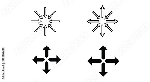 A versatile collection of vector graphic arrows for user interface design, representing movement, collapse, and expansion functionality.