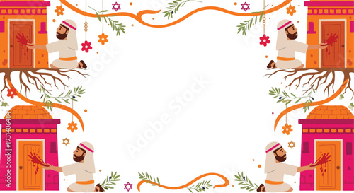 Passover frame with blood on doorposts and symbols.