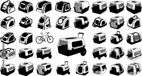 Collection of various pet carriers: travel crates, transport bags, backpack options, and wheeled designs for dogs and cats