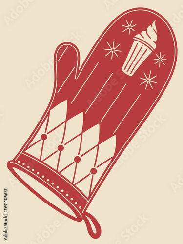 Red Oven Mitt with Diamond Pattern and Cupcake Illustration.
