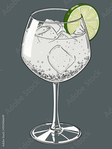 Refreshing gin and tonic cocktail with lime slice and ice cubes.