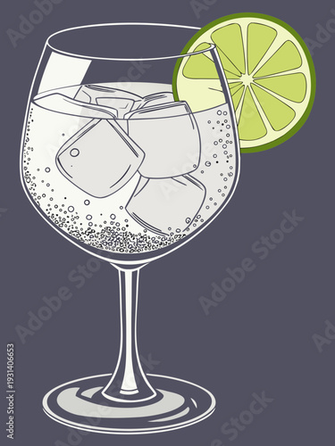 Refreshing Gin and Tonic Cocktail with Lime Slice and Ice Cubes 1.