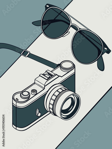 Retro camera and sunglasses on a travel map.