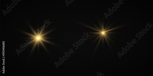 Glowing Golden Star Light Effect with Sparkle Rays and Lens Flare Illumination on Transparent Background