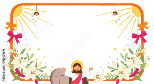 Easter resurrection frame with jesus, angels, lilies, and bows.