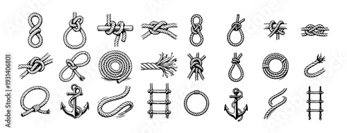 Rope Knots and Nautical Rope Icon Set – Black and White Line Art Collection