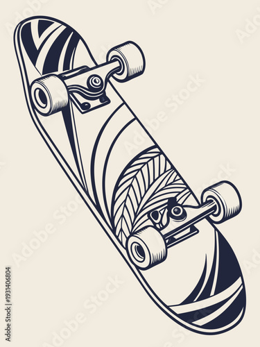 Skateboard with unique graphic design on deck.