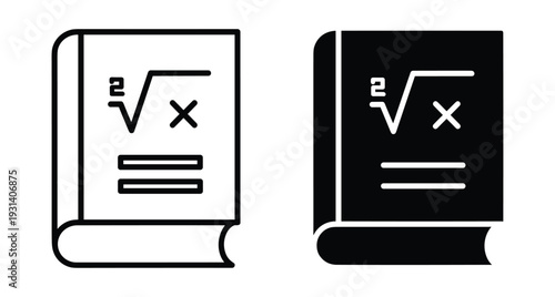 Math textbook icon set featuring square root and algebra symbols in line and solid styles for education science study and learning