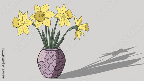Vibrant Daffodils in a Decorative Vase with Long Shadows.