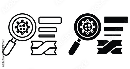Magnifying glass focusing on virus cell with data bars and DNA helix icons for medical research laboratory analysis and scientific study