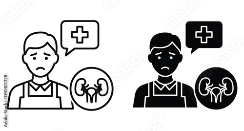 Patient man with kidney disease icon set showing renal health problems medical consultation and urinary system pain symptoms for healthcare design