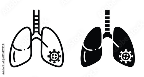 Human lungs icon set with respiratory infection virus symbol representing pneumonia bronchitis asthma tuberculosis cancer pulmonary disease healthcare medical science anatomy