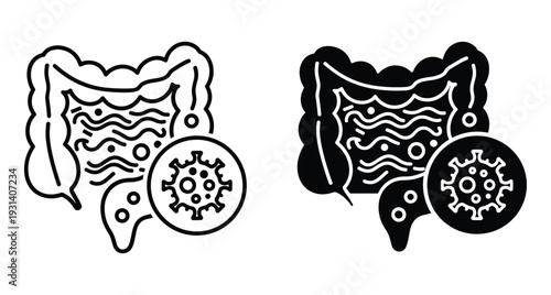 Human intestine colon infection icon set showing digestive system with virus bacteria microbes for medical healthcare gut health disease diagnosis research