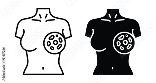 Breast cancer awareness icon showing female torso with tumor cells for medical diagnosis oncology healthcare screening and women health awareness symbol
