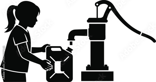 Child filling water from hand pump vector isolated PNG with Transparent Background